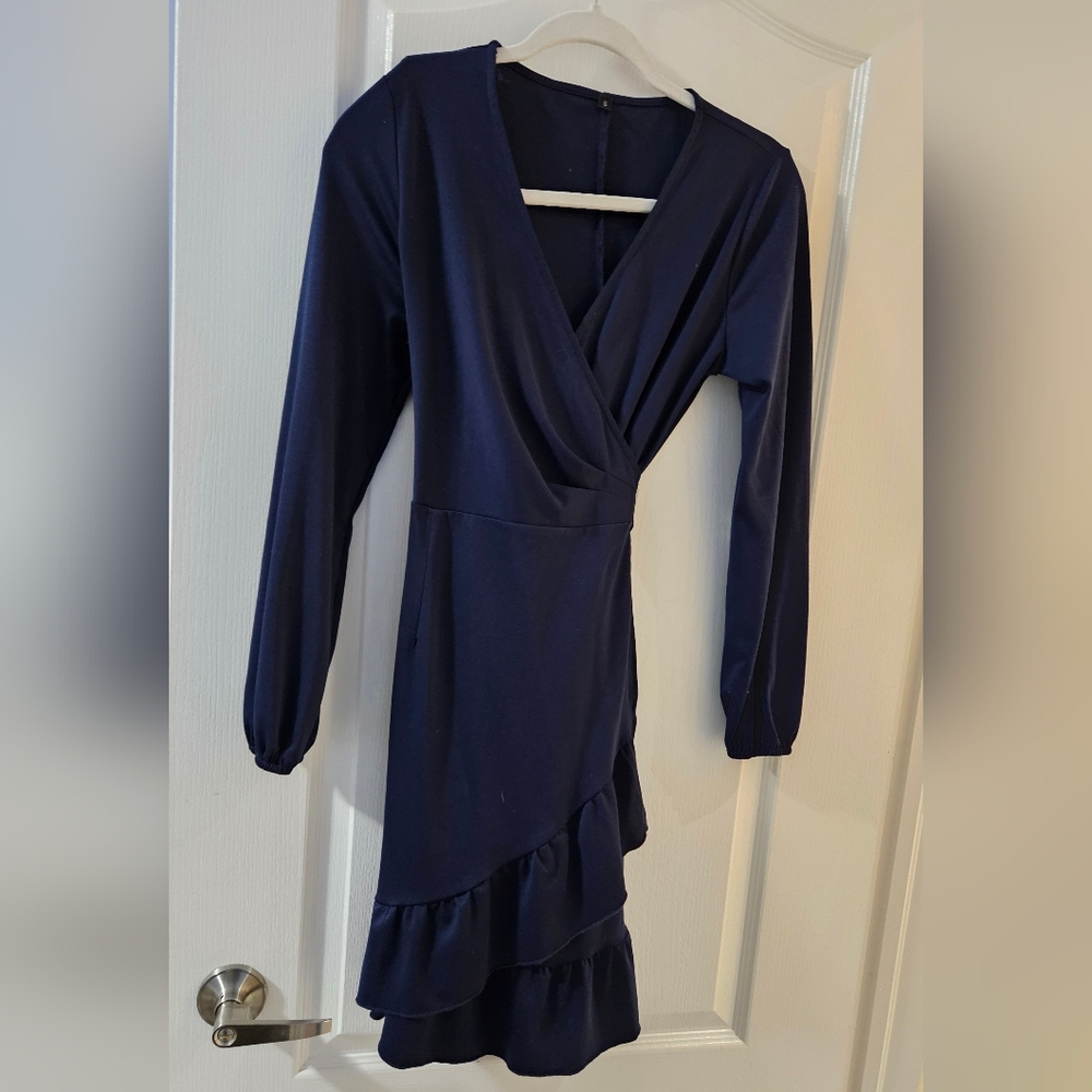 Navy Wrap-Style Ruffle Dress